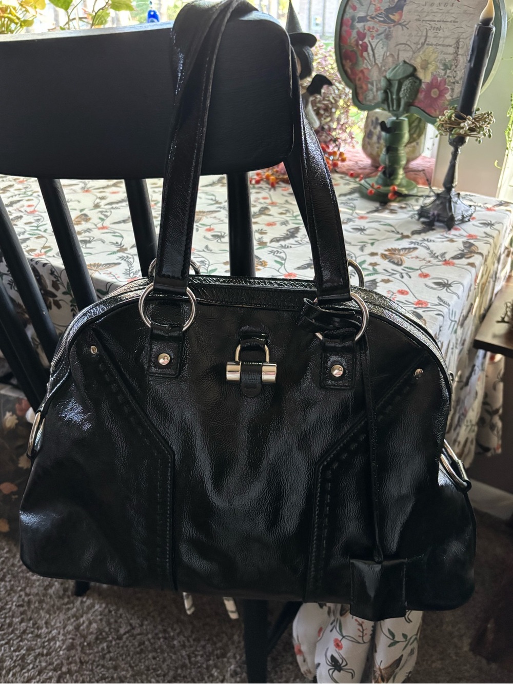 Authentic Yves Saint Laurent Muse Black Patent Leather Bowler Bag
